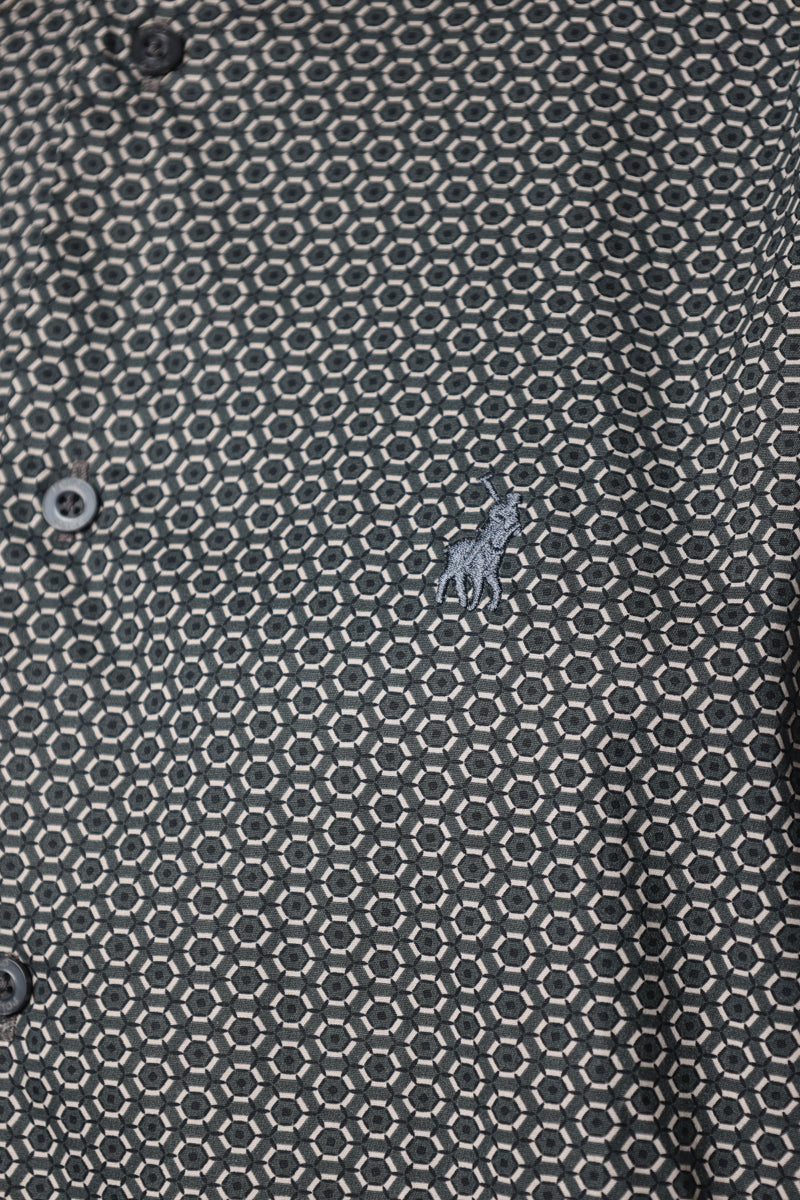 Polo Shirt Long-Sleeve Geo Print Charcoal